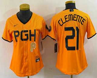 Women%27s Pittsburgh Pirates #21 Roberto Clemente Yellow 2023 City Connect Stitched Jersey1->mlb womens jerseys->MLB Jersey